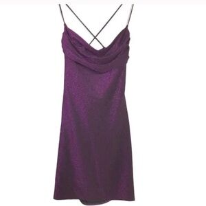 Lush Dress Metallic Cowl Neck Strappy Back Bodycon Mini Purple NWT M